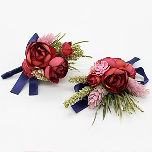 Corsage and Boutonniere Set, Handmade Artificial Peony Rose Wrist Corsage Wristlet and Groom Boutonniere for Men Wedding Prom Suit Decorations (Burgundy Red Navy Blue) - color: Burgundy Red Navy Blue