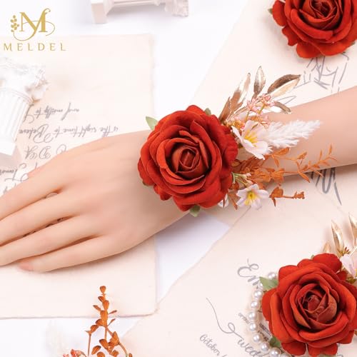 Orange Velvet Rose Wrist Corsage, Set of 6, Wedding Bridal Flower Corsage Hand Decor for Prom Party Homecoming, Wristband Flowers Bride, Bridesmaid, Girl - color: 6pcs Orange Wrist Corsages