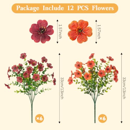 ADXORA 12 Bundles Fake Artificial Mums Fall Flowers for Outdoor Decoration Faux Silk Flowers for Outdoor Planters UV Resistant Colorful Violets Eucalyptus for Home Porch Patio Yard Décor - color: Green Leaves-brown, Orange