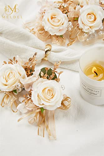 Rose Wrist Corsage for Girls Women Bride Bridesmaid, Set of 6, Champagne Hand Flower Wedding Artificial Flowers for Prom Party - color: Champagne1# Wrist Corsage (Set of 6)