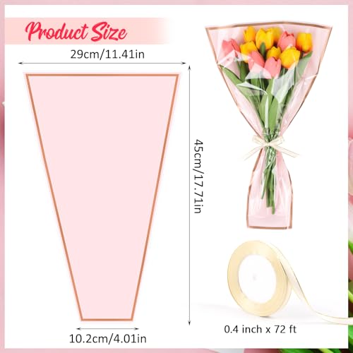 DIYASY 50 Pcs Flower Wrapping Bags for Bouquets, Pink Floral Packing Sleeves with Ribbons Florist Wrap Supplies for Wedding Mother's Day Graduation Gift - color: Pink