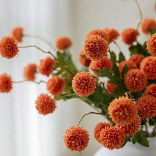 mizii 6Pcs Orange Fake Silk Pompon Mum Artificial Flowers Bulk Small Faux Chrysanthemums with Stems Realistic Floral Decorations for Wedding DIY Bouquet Centerpieces Shower Vase Home Decor (Orange) - color: Orange