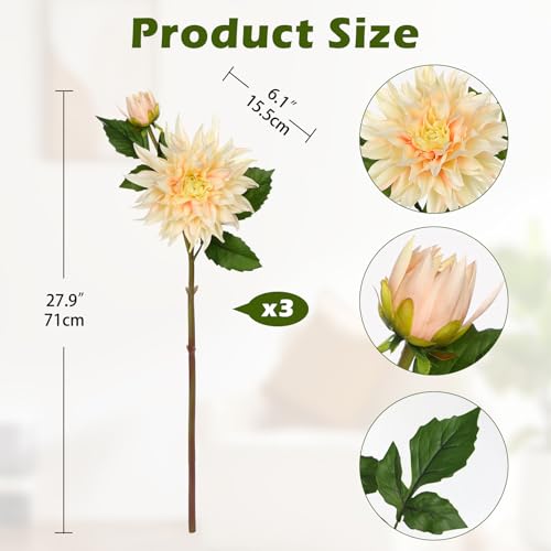 Artificial Dahlia Flowers – Set of 3 | 27.9" Tall Real-Touch Silk Dahlia Stems with Large 6.1" Blooms | Lifelike Ivory Faux Flowers for Home Decor, Wedding, Centerpieces & Floral Arrangements - color: Ivory