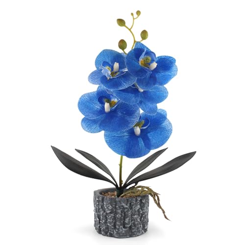 Artificial Orchid with Cement Vase Fake Phalaenopsis Flower Arrangement Faux Plants for Party Exhibition Center Home Decoration(Blue Tall 15") - color: Blue
