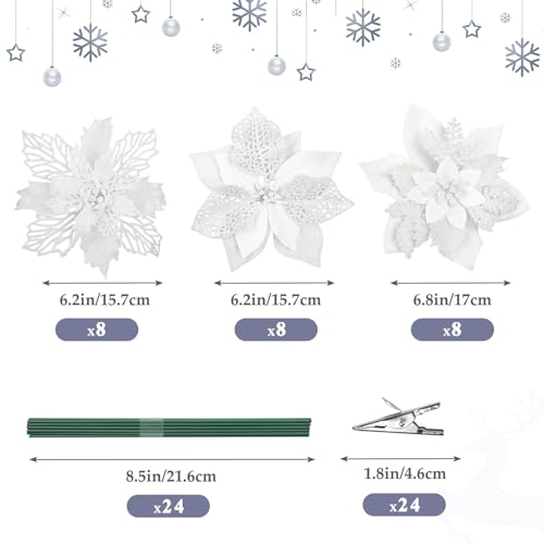 Alupssuc 24 PCS 3 Styles 6'' Poinsettia Christmas Flowers Artificial, Glitter Artificial Flower, Christmas Decorations for Xmas Tree Party Wreath Fireplace, New Year Ornaments, White - color: White