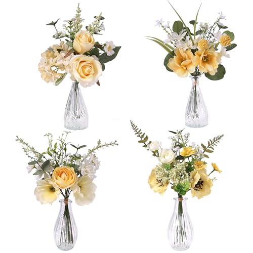 4Pcs 13.5" Flowers w Glass Rose,Magnolia, Anemone,Poppy, Hydrangea,Ranunculus Mix Arrangements for Home Office Bathroom Dining Table Coffee Table Decor