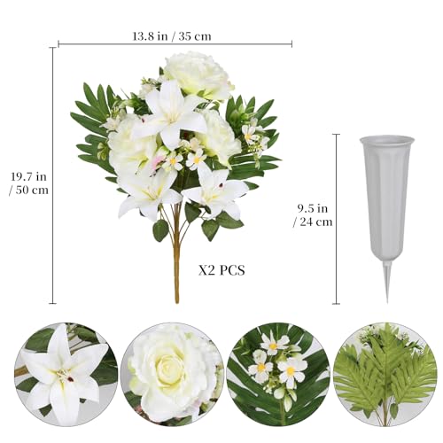 2Sets Artificial Cemetery Flowers with Cemetery Vase Artificial Rose Lily Graveyard Memorial Bouquets for Memorial Day Cemetery Headstones Outdoor Grave Decorations (White) - color: White