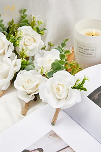 Ivory Rose Boutonniere for Men,Set of 6,Groom and Best Man Boutonnieres with Artificial Flower,for Wedding Ceremony Anniversary, Formal Dinner Party, Fall Vintage Rustic Marriage Prom - color: White#2 Boutonniere ( Set of 6)