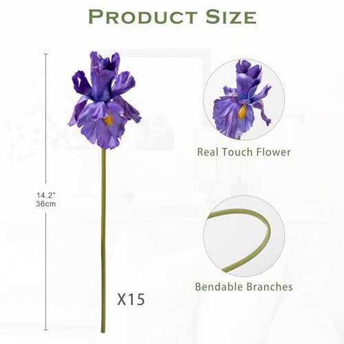 Hollyone Iris Artificial Flowers 15Pcs Faux Iris Purple Flowers 14.2" Real Touch Fake Flowers Picks Bouquets for Wedding Bridal Home Arrangements Office Table Centerpieces Decor - color: Purple