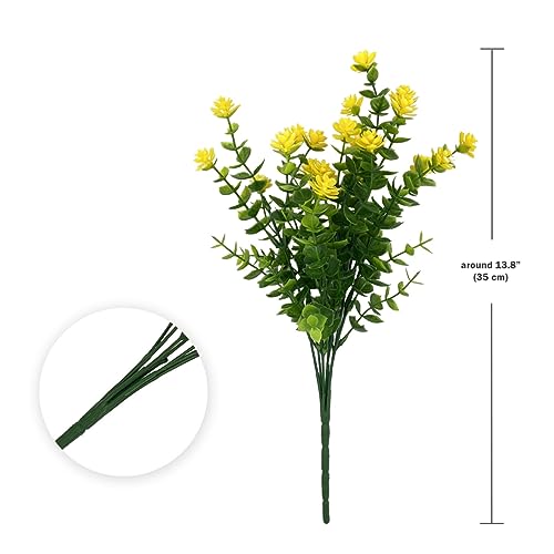 6 Bundles Artificial Fall Flowers for Outdoors,UV Resistant Fake Plastic Plants Artificial Shrubs Fall Flowers Decor of Vase and Outside Window Box, Ferns Plants for Planter-Yellow - color: Yellow, size: 6PCS