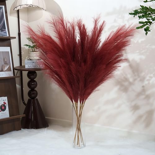 Premium Faux Ruby Red Pampas Grass – 43.3" Tall Fluffy Vibrant Decor, 8pcs 18-Branch One-Piece Stems No Assembly, Luxury Silk-Feel Feather Flowers for Bold Boho Decor, Jewel Tone Red 8 Stems110cm - color: Artificial - Rubber Red, size: 8pcs 43.3"(110cm)
