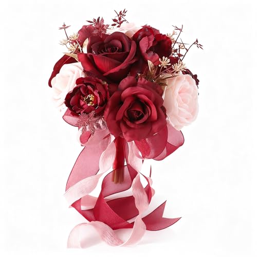 8.6in Artificial Wedding Bridal Bouquet - Burgundy Rose Floral Arrangement for Bride, Bridesmaid, Wedding Toss, Ceremony & Home Decor (Burgundy) - color: Burgundy