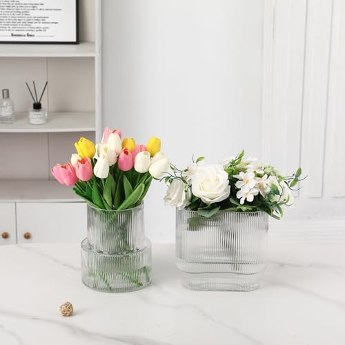 Ribbed Glass Vases, Set of 2 Fluted Vases for Flowers, Clear Vase for Tulips, Modern Glass Vase for Living Room, Dining Table, Office, Entryway, Mantle, Bookshelf, Wedding Gifts - color: Clear, size: Ribbed + Oval (2-Pack)