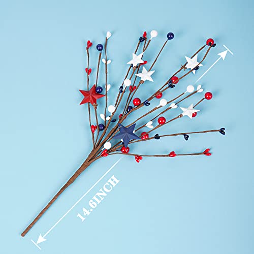 4 Pack Patriotic Artificial Berry Stem Picks White Blue Red Stars for 4th of July Independence Day, Pentagram Faux Berry Branches Decoration for Home Office Restaurant Vase Décor - color: Patriotic White Blue Red Stars