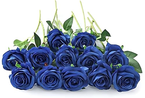 Laelfe 12 pcs Artificial Blue Roses Flowers Long Stem Fake Silk Rose for Home Wendding Decorations (Blue) - color: Blue