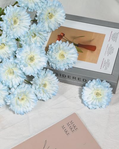 Coferset 6pcs Artificial Silk Mums Flowers Realistic Chrysanthemum Stems 22" Fake Gerbera Daisy for DIY Bouquet Centerpieces Floral Arrangements Vase Fillers Wedding Shower Decorations(Baby Blue) - color: Baby Blue