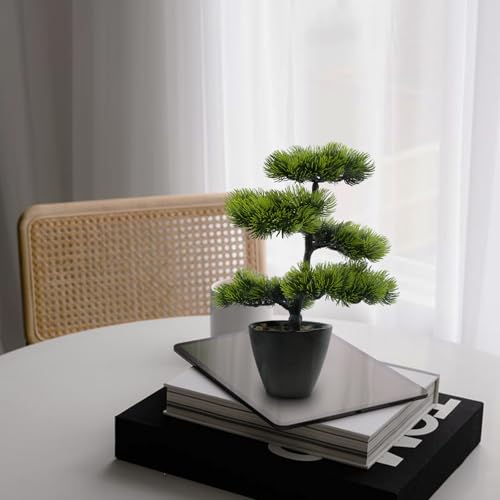 Artificial Bonsai Tree Juniper Indoor - Small Fake Bonsai Pine with Ceramic Pot 13" Tall for Home Decoration Bedroom Living Room Table Study Cafe Positive Office Decor Lifelike Greenery Tree - color: Pine-black Pot