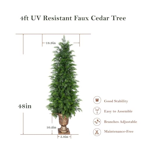 Bellacat 4ft UV Resistant Topiary Trees Artificial Outdoor with Urn Planter & Soft Real Touch Leaves, 48in Lifelike Faux Cedar Tree, Fake Cypress Tree for Front Door Porch Patio Deck Home Decor, 2Pack - color: Golden Urn Planter-2pack, size: 4ft