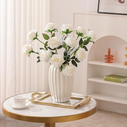 Hawesome 12PCS Artificial Silk Flowers Realistic Roses Bouquet Long Stem for Home Wedding Decoration Party (White, 12Pcs Flowers) - color: White, size: 12Pcs Flowers