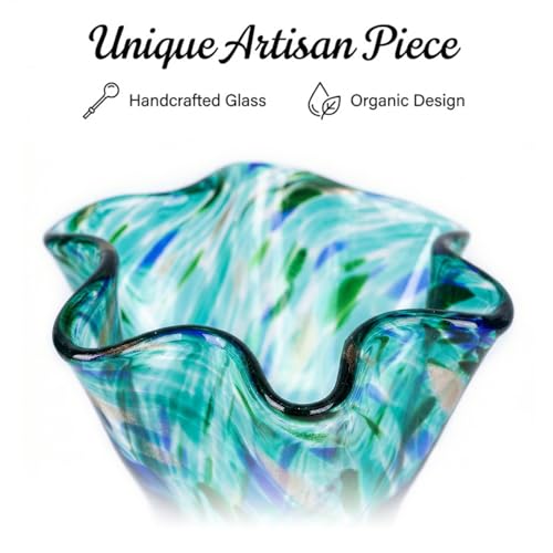 9.0" H Teal Glass Vases for Flowers, Unique Hand Blown Glass Vase Green Home Decor, Wide Mouth Colorful Flower Vase Centerpieces, for Living Room Table Bookshelf, Bathroom Office Shelf Decorative - color: Teal