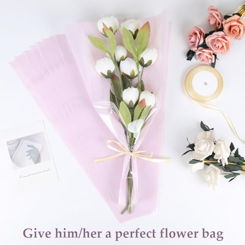 Wzifyf 50 PACK Flower Bags for Bouquets Flower Bouquet Holders Purple Floral Wrapping Paper flower Sleeves Build Your Own Bouquet Bar with 72 Ft Ribbons for Valentine's Day Packaging Supplies - color: Purple, size: bouquet wrap