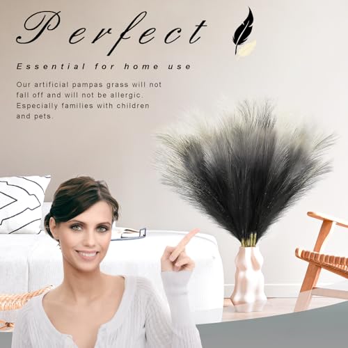 8Pcs 3FT Colorful Faux Pampas Grass for Boho Decor, KALYLOC Non-Shedding Fluffy Artificial Bulrush, Tall Reed Fluffy Stems Vase Filler Living Room Wedding Decoration - color: Black