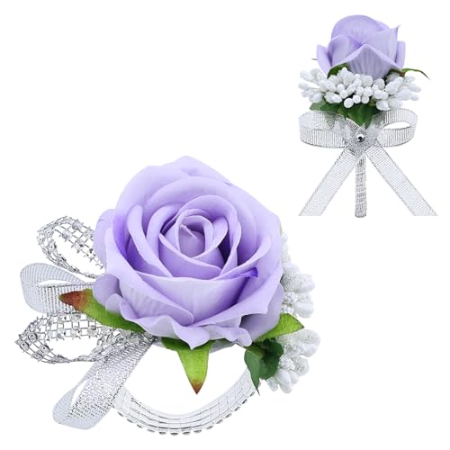 2Pcs Light Purple Rose Corsage and Boutonniere Set, Artificial Wrist Corsage Wristlet Bracelets, Men Boutonniere for Wedding Anniversary Party Homecoming Flowers Accessories Prom Decor - color: Light Purple