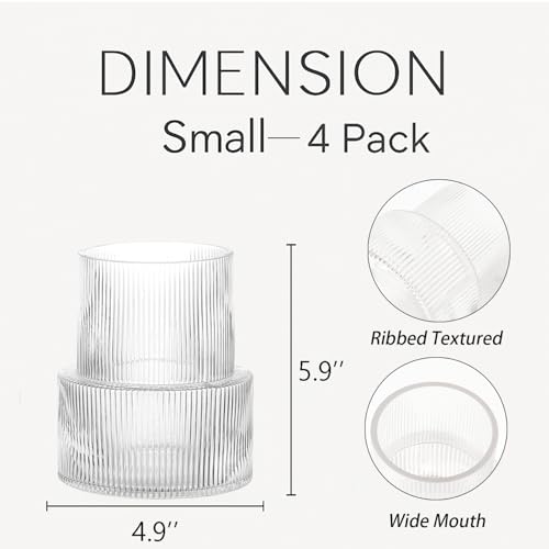 Ribbed Glass Vases, Set of 4 Small Vases for Flowers, Clear Glass Vase for Tulips, Modern Vase for Living Room, Kitchen, Office, Entryway, Bookshelf, Wedding Gifts, Birthday, 6 Inches - color: Clear, size: Ribbed 6 Inches (4-Pack)