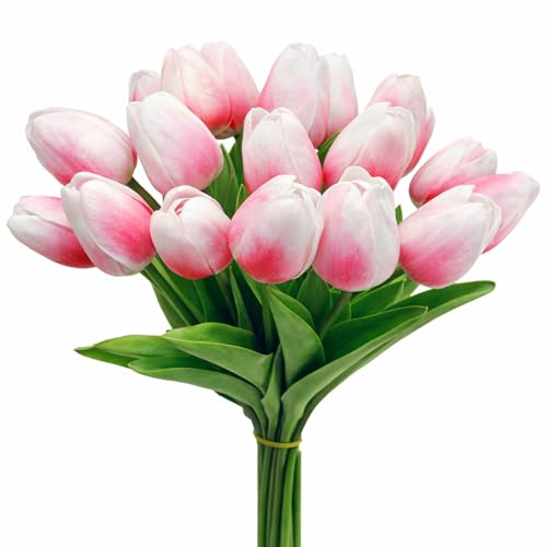 20 Pcs Tulips Artificial Flowers, 13.5'' Real Touch PU Fake Flowers Bouquet for Home Party, Spring Wedding Floral Arrangement, Valentine's, Easter and Mother's Day Decor (White Rose Red) - color: White Rose Red