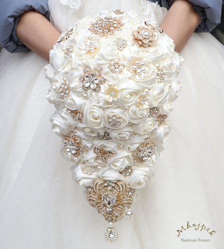 Luxury Cascade Bridal Wedding Bouquet Satin Rose Waterfall Holding Bouquet Artificial Flower Bunch for Bride Bridesmaid(Ivory, 15" x 7.5") - color: Ivory, size: 15"L x 7.5"W(38cm x 19cm)