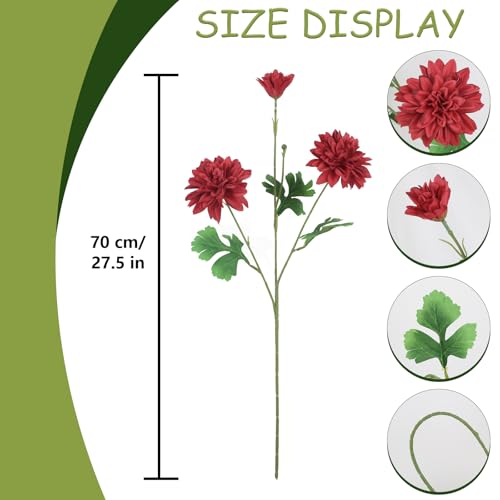 6PCS Red Artificial Dahlia Flowers 27.5’’Silk Faux Dahlias Fake Flowers with Stems for Home Wedding Dining Table Party Garden Decoration(Red) - color: Red