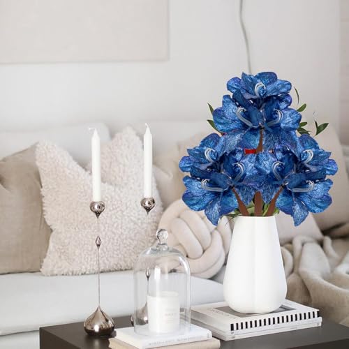 Briful Amaryllis Artificial Christmas Flower Stems, 19.7" Blue Glitter Faux Amaryllis with Detachable Heads for Xmas Home Party Wedding Bouquet Vase Arrangement Decor - color: Blue