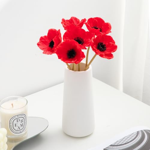 Floral Kingdom Artificial Anemone Poppy Flower,Red Real Touch Latex,10 inch,7Pack,for Home Teble Decor,Wedding Bouquet - color: Red