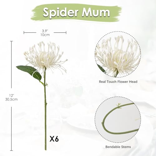 Briful 6PCS Artificial Mums Spring Flowers 4'' White Spider Chrysanthemum Fake Flowers Bouquet for Home Vase Centerpieces Arrangements Bridal Shower Decoration - color: White