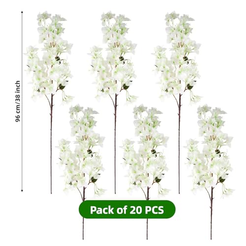 20 PCS Silk Bougainvillea Artificial Flowers，UV Resistant, 36 Branches, Long Stems Faux Flower, Realistic Fake Bougainvillea Vines, for Wedding Porch Home Party Garden DIY Decor - 38 inch (White) - color: 38inch White, size: 20 Pcs
