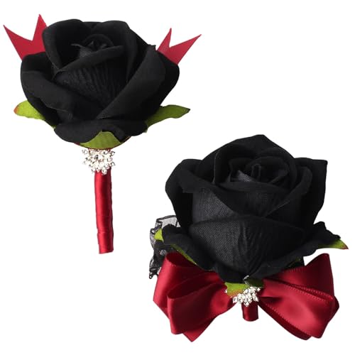Black Rose Wrist Corsage and Boutonniere Set Rose Corsage Wristlet for Wedding Prom Party Homecoming Decoration Set of 2 (Red and Black) - color: Red and Black