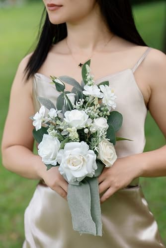 Set of 6 White Bridesmaid Bouquet, Sage Green Bridal Bouquets for Bridesmaids,Small Wedding Bouquet,for Wedding, Ceremony, Anniversary, etc,Artificial Flowers - color: White & Sage Green