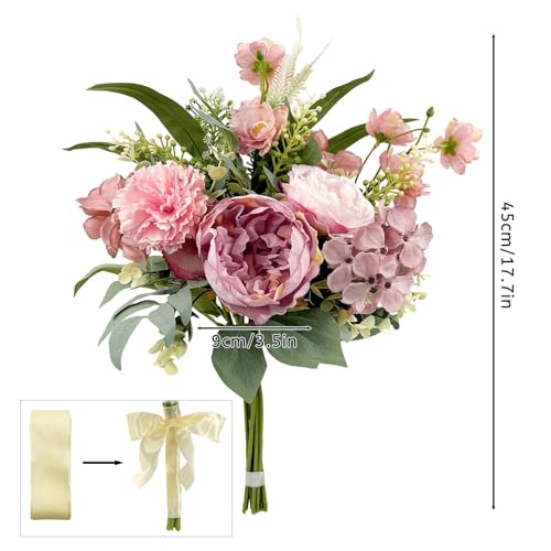 Daily Treasures Fake Artificial Flowers Bouquet for Decoration, Silk Fake Flower Arrangements Wedding Bouquets, Hydrangeas, Peonies and Allium Flowers for Home Kitchen Garden Wedding Party(Pink)