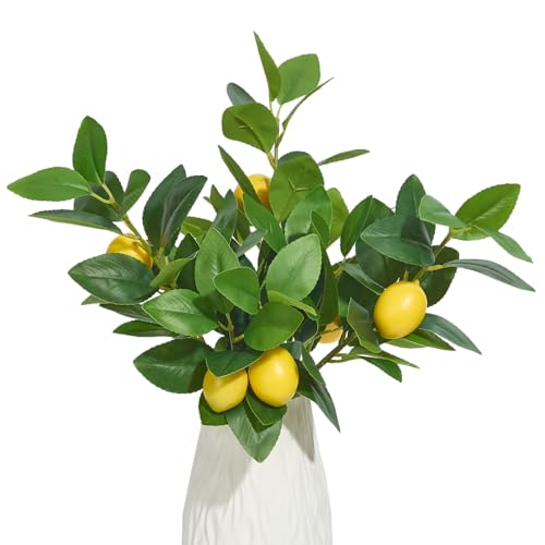 3 PCS Artificial Lemon Branches for Vase 18 Inch Fake Lemons Picks | Greenery Stems, Fake Fruits, Lemon Branches Realistic, Faux Lemons Tree Decor - color: Yellow
