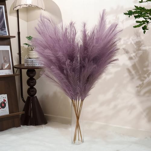 Premium Faux Lilac Purple Pampas Grass – 43.3" Tall Fluffy Decor, 8pcs 18-Branch One-Piece Stems No Assembly, Luxury Silk-Feel Feather Flowers for Boho Wedding Dreamy Home Decor, Lavender 8 Stems110cm - color: Artificial - Lilac Purple, size: 8pcs 43.3"(1
