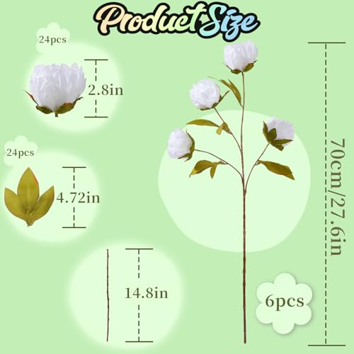 ucky 6 Pcs White Artificial Peonies Silk Flowers, 27.6" Long Stem Fake Peonies with Wood-Textured Bendable Branch, Life-Like Texture Large Peony Blooms for Tall Floor Vase, Wedding, Home Office Decor - color: Cjy White
