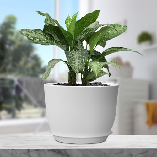 Meowell 12 inch Large Plant Pots, Plastic Planters with Drainage Holes and Saucers, Flower Pots for Indoor Outdoor Plants, Modern Decorative Pots for Garden House Plants, White - color: White, size: 12inch C