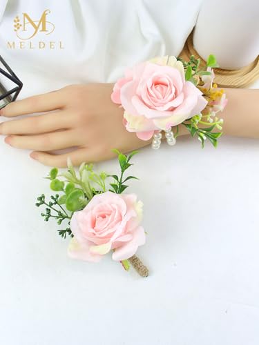 Pink Rose Wrist Corsage and Boutonniere Set for Dance Party Wedding | Artificial Silk Rose Women Pearls Corsage with Men Boutonniere for Wedding Accessories Prom Ceremony Party - color: Pink 1 Boutonniere&1 Wrist Corsage