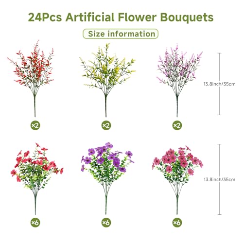 SHareconn 24 Bundles Artificial Flowers for Outdoors Decoration, Faux Plants Fake Silk Colorful Daisy Eucalyptus Lavender, UV Resistant for Outside Planters Home Porch Patio Indoor Spring,Mix 3 Colors - color: Mix 3 Colors
