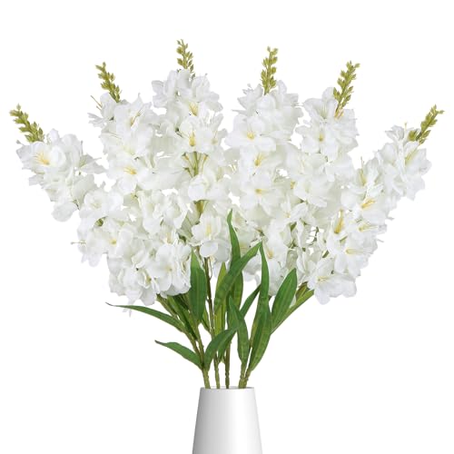 IPOPU 6PCS Delphinium Artificial Flowers 39" Realistic Faux Hyacinth Long Stem Delphinium Silk Flowers for Tall Vase Filling Wedding Centerpieces Home Decor (White) - color: White
