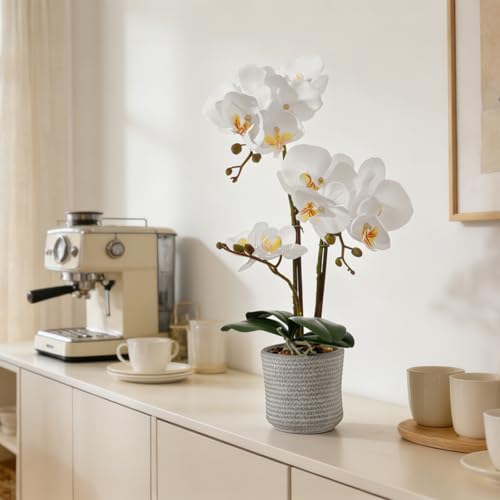 17.7" White Artificial Orchid Flowers in Ceramic Pot, Realistic Silk Phalaenopsis Arrangement with Stone, Waterproof Fake Orchid Plant for Bathroom, Home Office Table Top Centerpiece Decor(Orchid 3) - color: Orchid 3