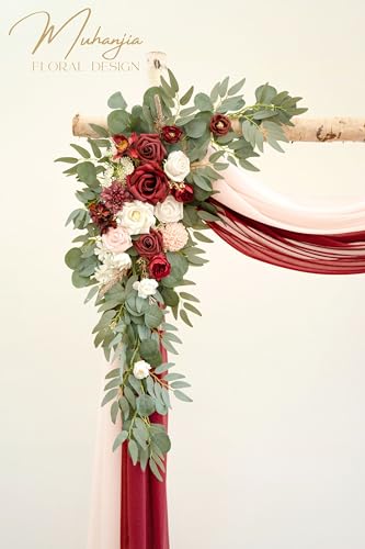 Muhanjia Artificial Wedding Arch Flowers Kit(Pack of 4),2Pcs Artificial Flower Arch Decor, 2Pcs Chiffon Fabric Drapes, Ceremony Decoration, Floral Outdoor Party Decor (Burgundy & Blush) - color: Burgundy & Blush