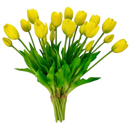 4 Budles (20Pcs) Yellow Tulips Artificial Flowers 13" Latex Fake Flowers for Wedding Home Decor(Yellow) - color: Yellow