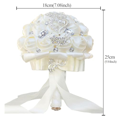 Wedding Bouquets Crystal Satin Rose Bride Bridal 7 Inch Bouquet Romantic Bridesmaid Holding Flower for Valentine's Day Confession Party Church (Creamy) - color: Creamy