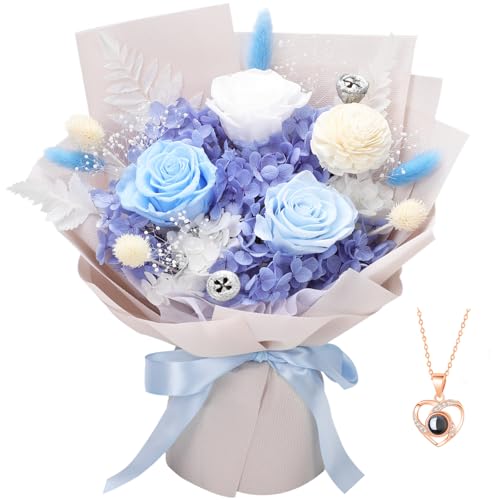 Casaido Preserved Flowers for Delivery, Mothers Day Blue Flower Bouquets with Necklace, Forever Real Roses Anniversary Birthday Valentines Day Christmas Rose Gifts for Women Mom Wife Girlfriend - color: Blue